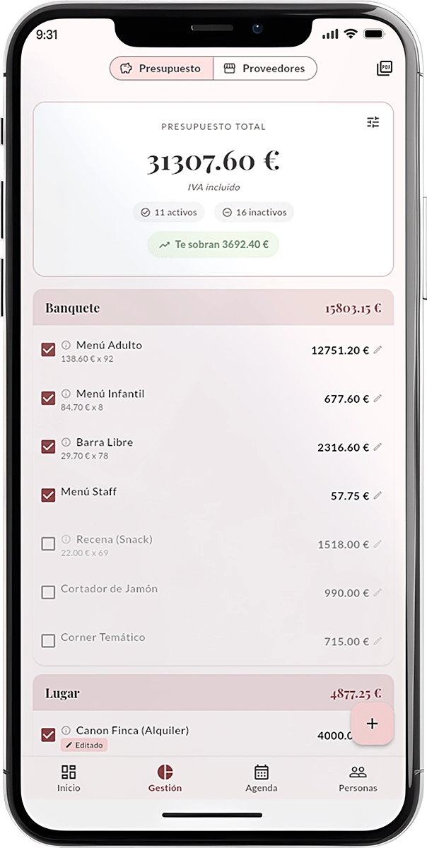BodaKit Presupuesto en iPhone 15 Pro mostrando control de gastos por categorías y coste por invitado