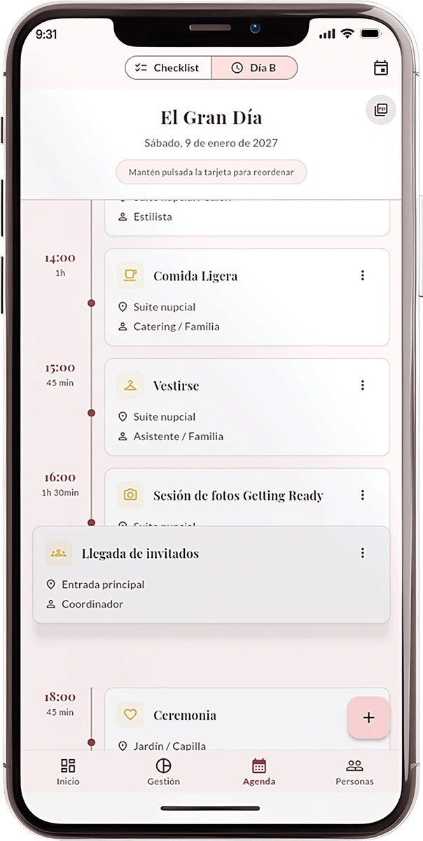 BodaKit Cronograma en iPhone 15 Pro mostrando timeline del Día B con eventos y exportación a PDF